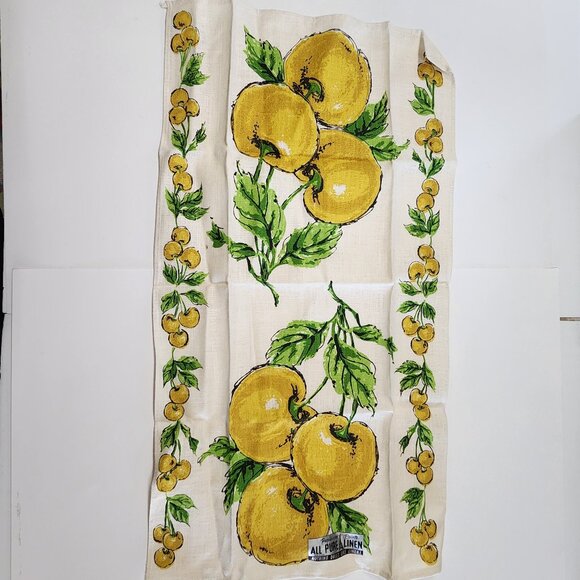 Vintage Parisian Yellow Cherries Linen Tea Towel - Picture 1 of 4